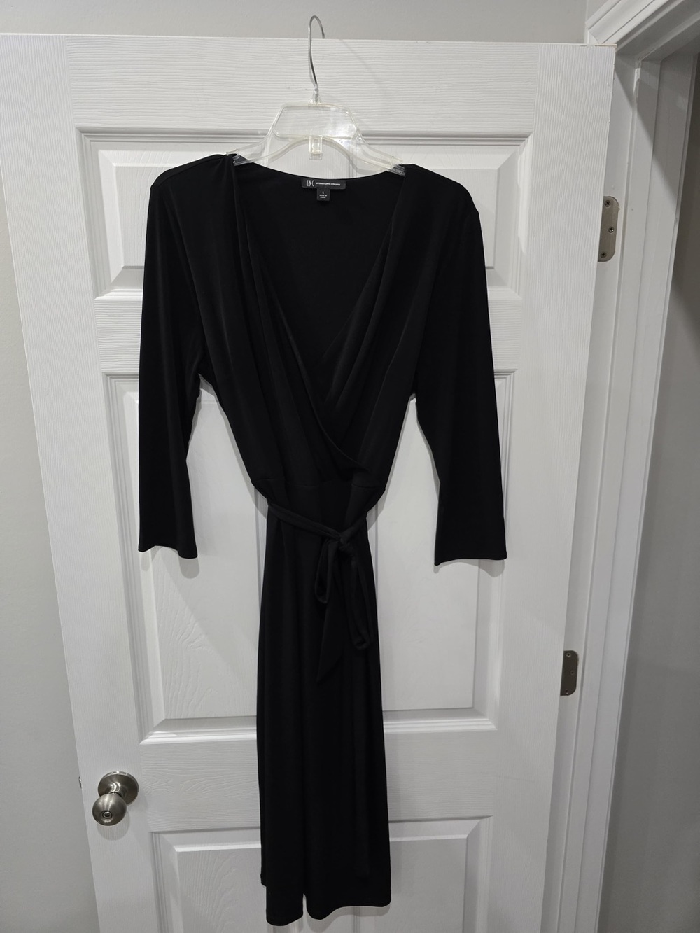 INC International Concepts Black Long Sleeve Wrap Dress with Tie Size L